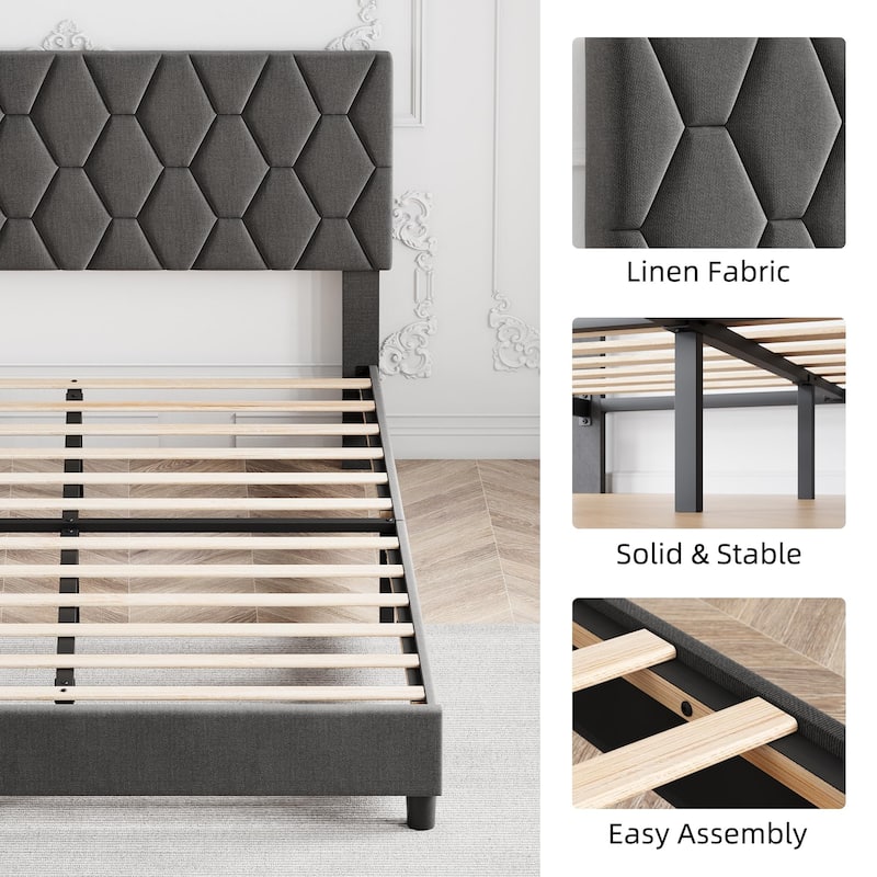 Diamond Upholstered Platform Bed Frame Wood Slat Support