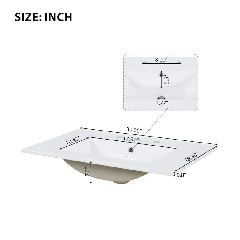 GDFStudio - Emerson 30-Inch Freestanding Bathroom Vanity with Ceramic Sink, Multi-functional Cabinet and Drawer, Painted Finish