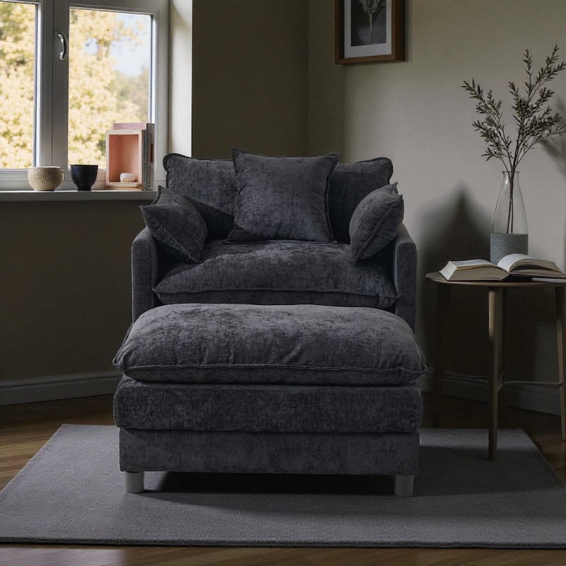 Modern Chenille Accent Chair with Ottoman, Oversized Upholstered Armchair for Living Room & Bedroom Reading