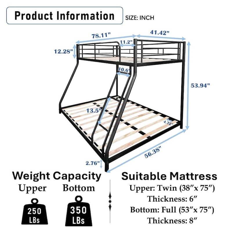 Heavy-duty Sturdy Metal Twin over Full Bunk Bed with Wooden Slat