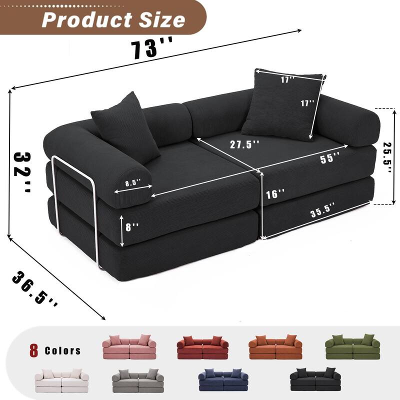 Modular Couch Sofa Bed, Convertible Design with Removable Armrests,Folding Mattress Couch for Small Spaces ,No Assembly