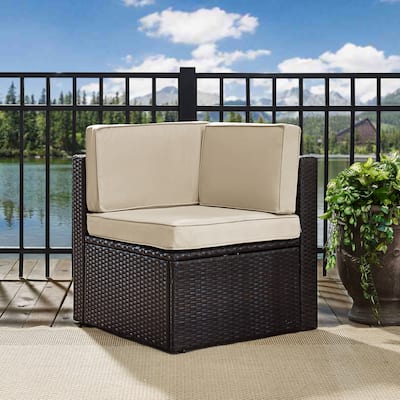 Palm Harbor Outdoor Wicker Corner Chair in Brown with Sand Cushions - 26.5 W x 26.5 D x 30.5 H