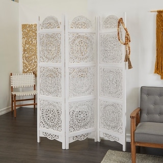 White Wood Hinged Foldable Partition 3 Panel Floral Room Divider Screen 