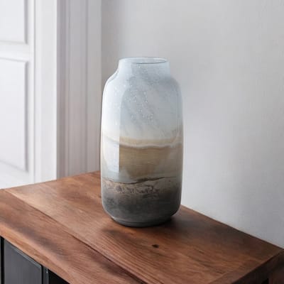 HomeRoots 15" Blue And Beige Abstract Cylinder Crystal Glass Table Vase