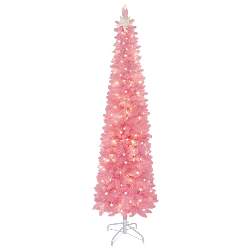 VEIKOUS 6ft Pre-Lit Artificial Christmas Tree with Adjustable Curved or Straight Top - N/A - Pink