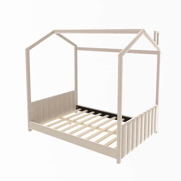 slide 2 of 16, Full Velvet House Bed with Wood Frame & Roof