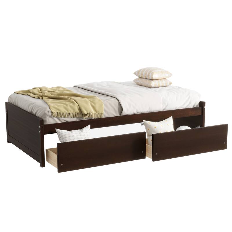 Twin Size Storage Bed with 2 Drawers Solid Rubber Wood Platform Bed, No Headboard