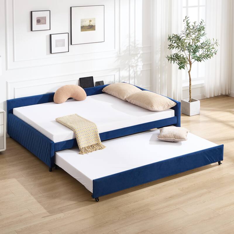 Upholstered Daybed with Trundle - Modern Diamond Grid Design on Sturdy Wood Frame for Guest Room - Blue - Twin