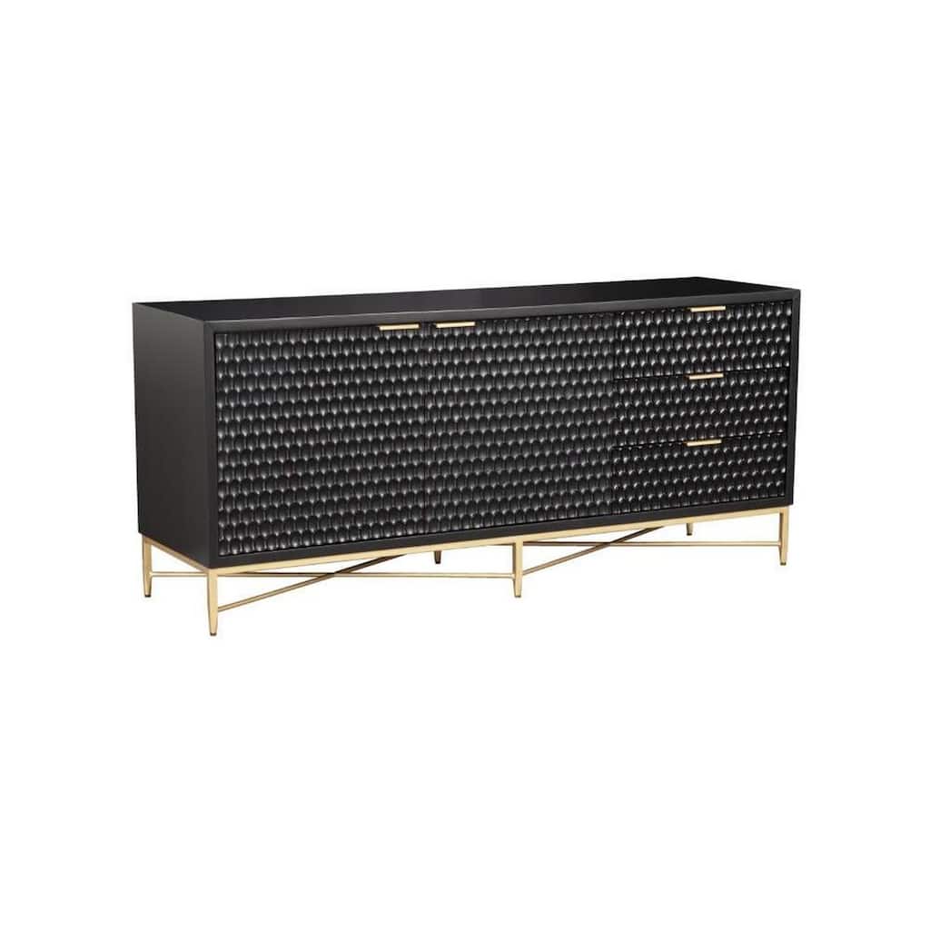 Rexi 64 Inch TV Media Entertainment Center Console, 3 Drawers, Black, Gold