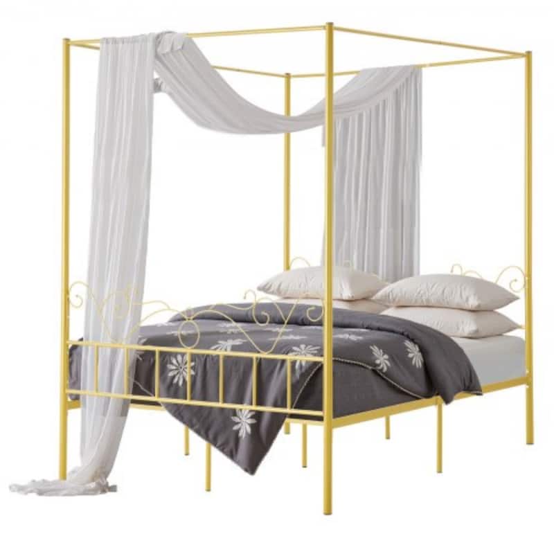 Gold Metal Queen Canopy Bed with Storage, Quiet Design and DIY Rails