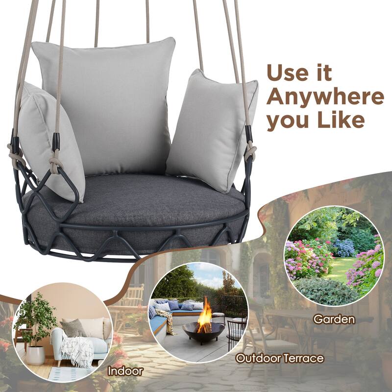 Iron Frame Hanging Basket Chair with Includes 8" UV-Resistant Cushion, 300lb Capacity