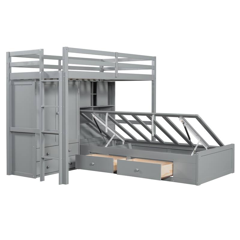 Twin Bunk Bed w/ Drawers, Wardrobe, Storage Shelves and Hydraulic Bed