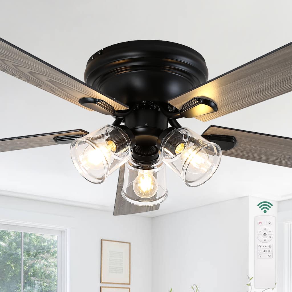Cusp Barn 52" Farmhouse Flush Mount 5-Blade Clear Glass Shade Indoor Ceiling Fan with Light and Remote Control for Living Room