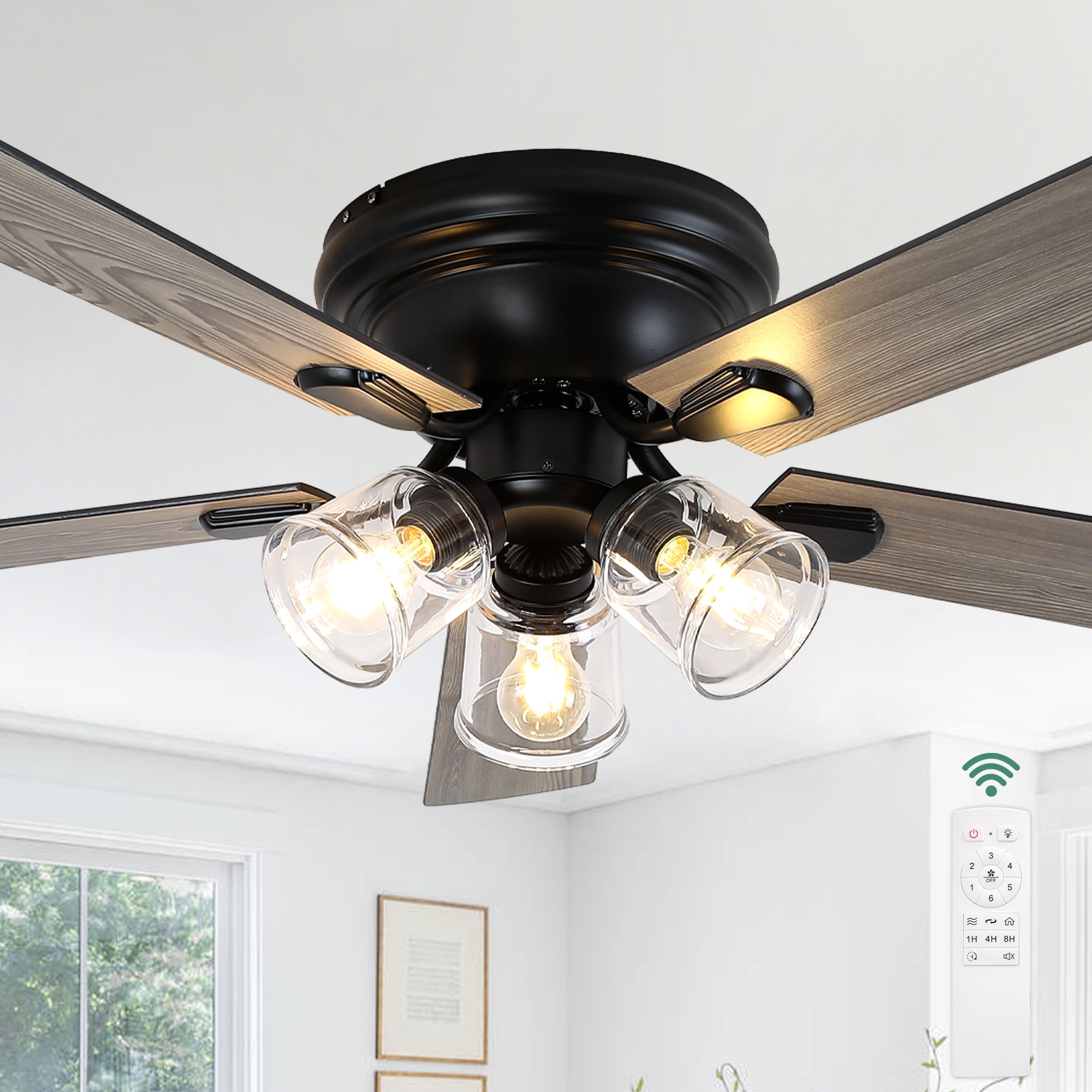 Cusp Barn 52" Farmhouse Flush Mount 5-Blade Clear Glass Shade Indoor Ceiling Fan with Light and Remote Control for Living Room