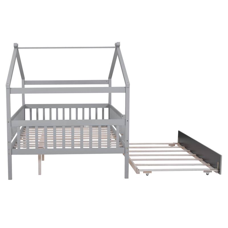 Full Pine House Bed with Trundle, Guardrail & Roof