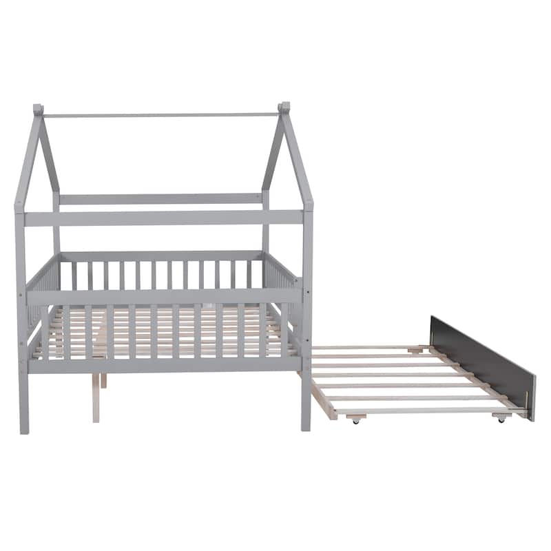 Full Pine House Bed with Twin Trundle, Guardrail