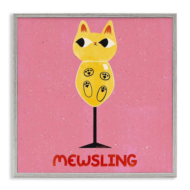 Stupell Mewsling Cat Wine Framed Giclee Art Design By Carrie Cantwell - 12 x 12 - Grey