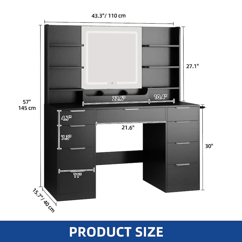 Moasis 9 Drawers Bedroom Vanity Desk,Makeup Vanity with Lighted Mirror and 9 Open Shelves