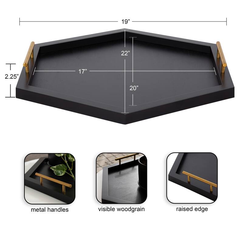 Halsey Hexagon Decorative Wood Tray with Polished Metal Handles