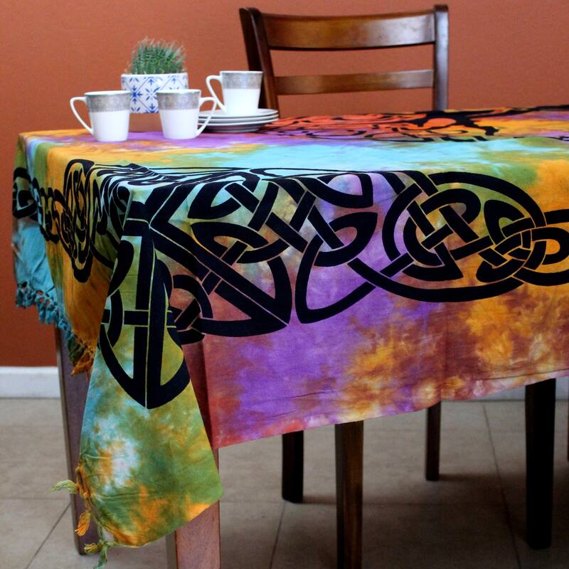 Cotton Celtic Tree of life Tablecloth Rectangle with Fringes - 88 x 104 in - Multi-color