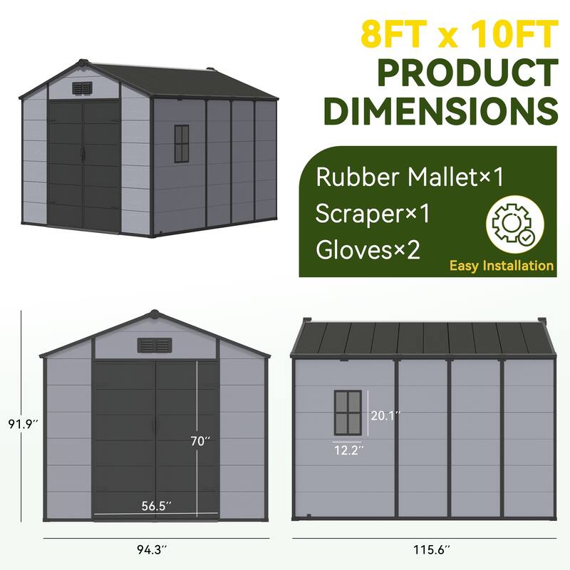 EROMMY Outdoor Storage Shed with Built-In Floor, Lockable Double Doors & Sloped Roof, Gray/Black