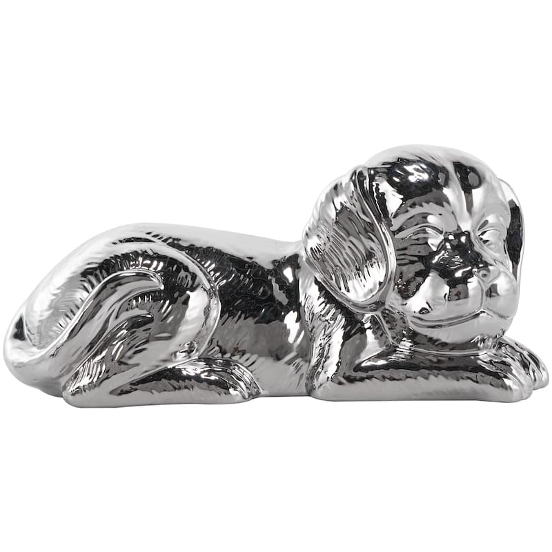 Ceramic Dog Laying Decorative Sculpture with Matte Finish - Silver or Gold - Roche River Decor - Silver