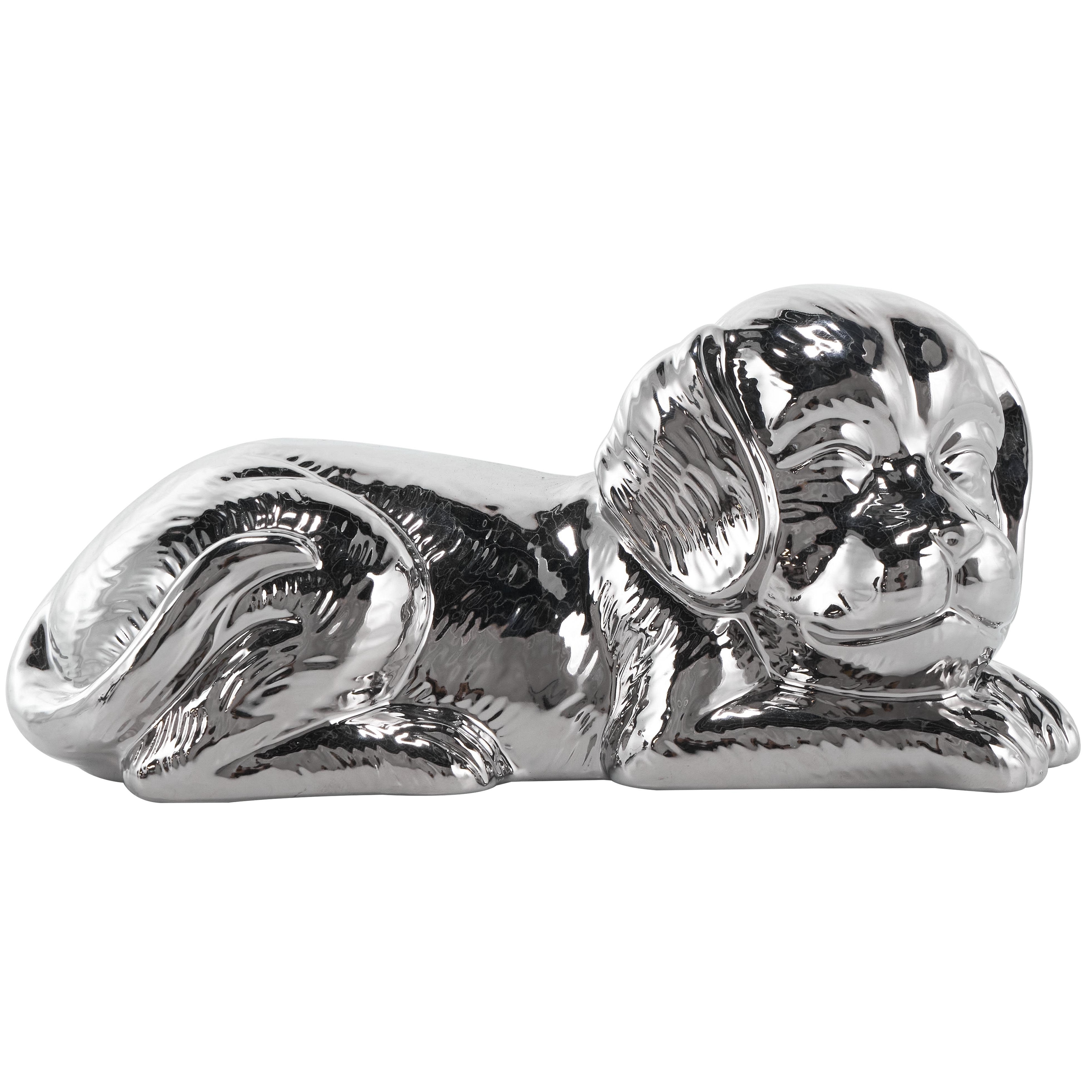 Ceramic Dog Laying Decorative Sculpture with Matte Finish - Silver or Gold - Roche River Decor