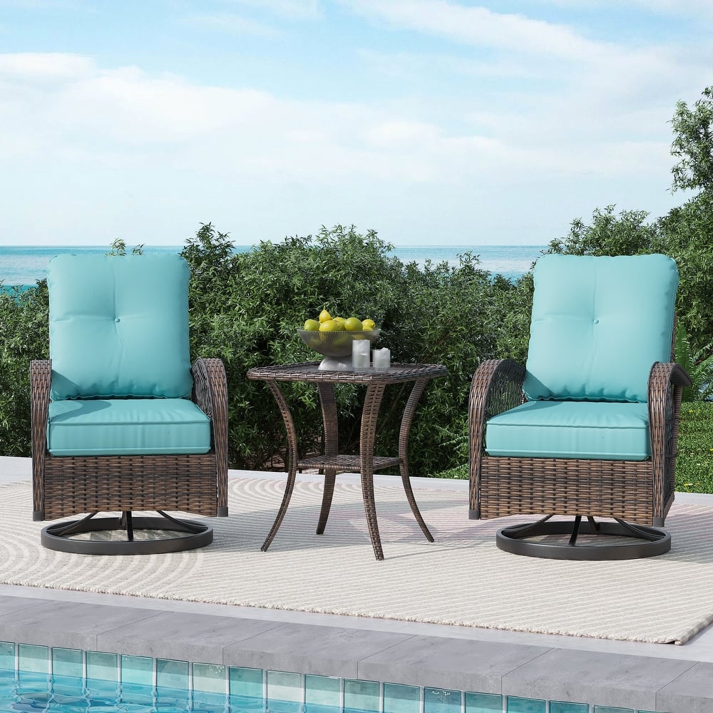 EROMMY Outdoor 3 Pieces Swivel Rocker Patio Chair Sets with Glass Table, All-Weather Wicker & Thickened Cushions for Backyard