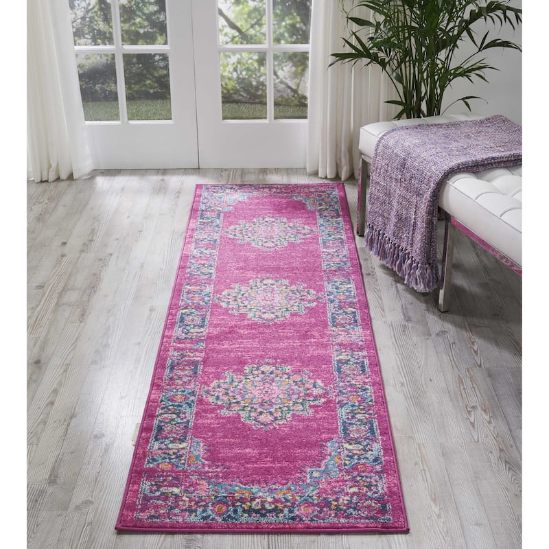 Porch & Den Dobbin Vintage Persian Medallion Farmhouse Area Rug - 1'10" x 6' Runner - Fuchsia
