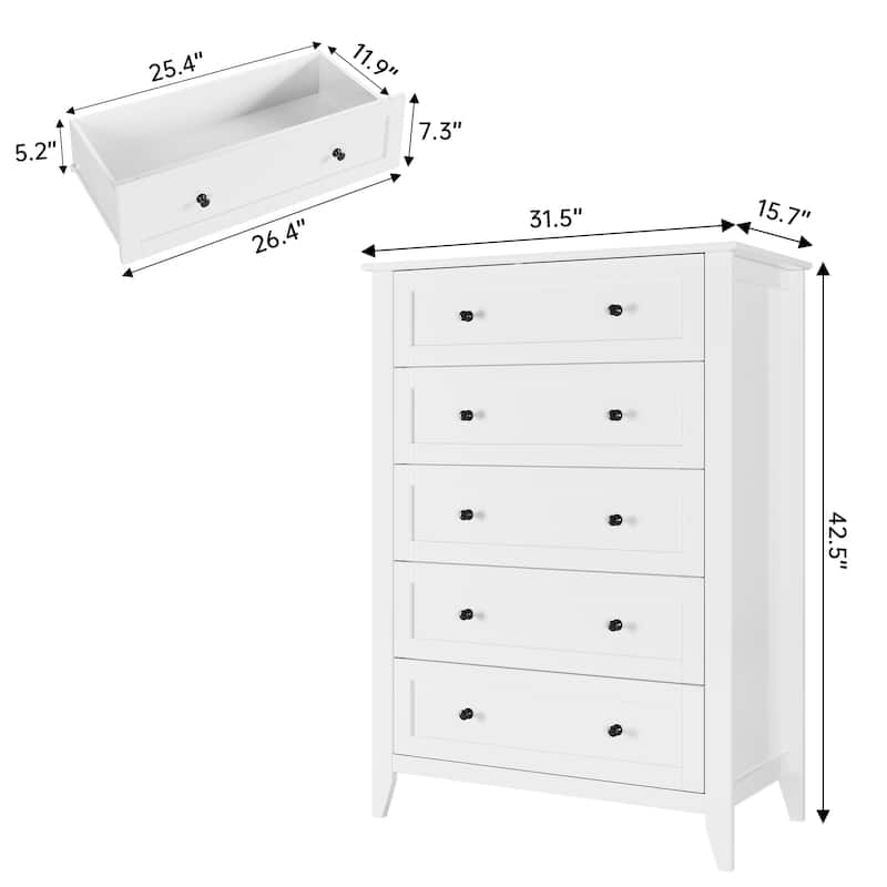 5 Chest of Drawer Dresser, Modern Wood Tall Nightstand with Deep Drawers and Nickel Round Handle for Home