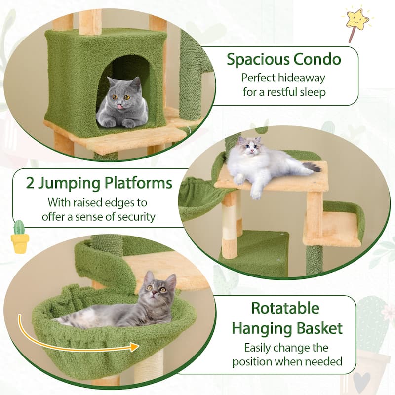 63 Inch Cactus Cat Tree with Sisal Scratching Posts and Board for Indoor Cats - 12" x 12" x 12"