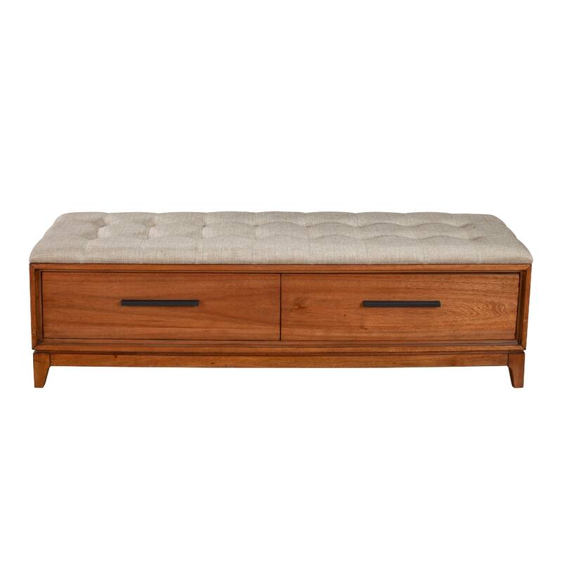 Bench with Fabric Padded Seat and 2 Drawers, Brown