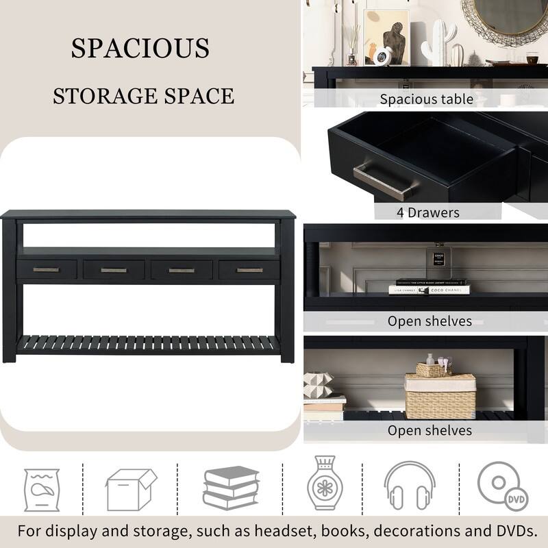 Modern 62'' Console Table Sofa Entryway Table with 4 Drawers and 2 Shelves, Wood Kitchen Buffet Cabinet Sideboard, Accent Table