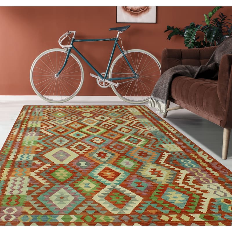 Hand-Woven Sangat Kilim Nobu Rust/Green Rug - 6'6" x 9'7"