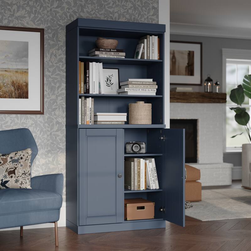 Palace Imports Solid Wood 6-Shelf Bookcase, Raised Panel Doors, Adjustable Shelves - Antique Blue