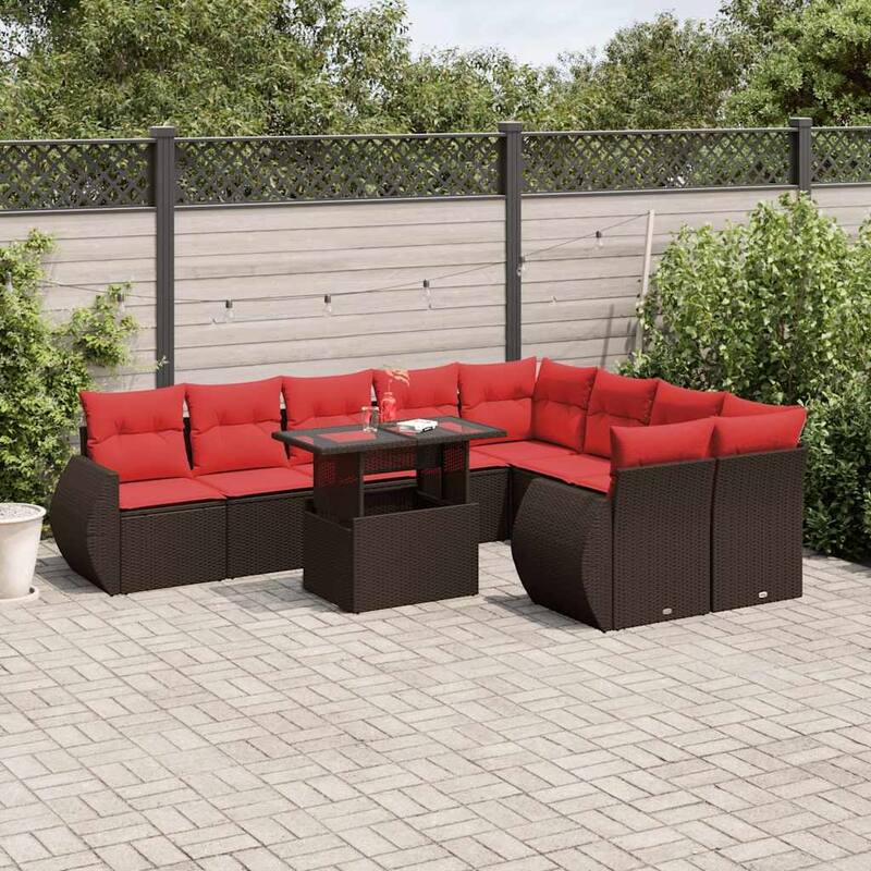 vidaXL 10 Piece Patio Sofa Set with Cushions Black/Brown/Gray Poly Rattan - 24.4 x 24.4 x 27.2