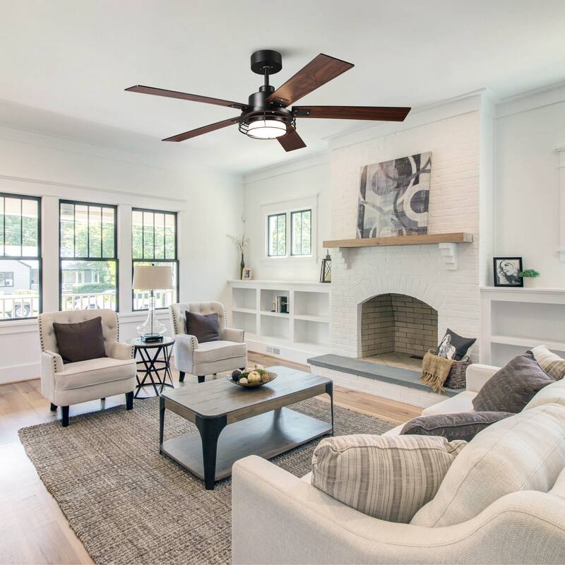 52-inch Industrial Black DC Motor Downrod Ceiling Fan with LED Light and Remote Control