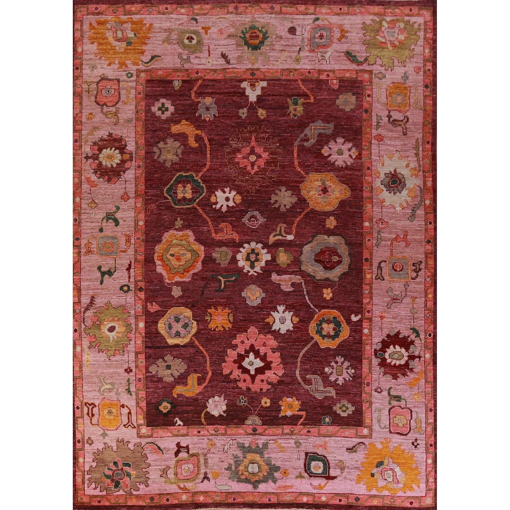 Hand Knotted Oriental 100% Wool Carpet Transitional All-Over Red Oushak Area Rug - 11' 7'' X 9' 1''