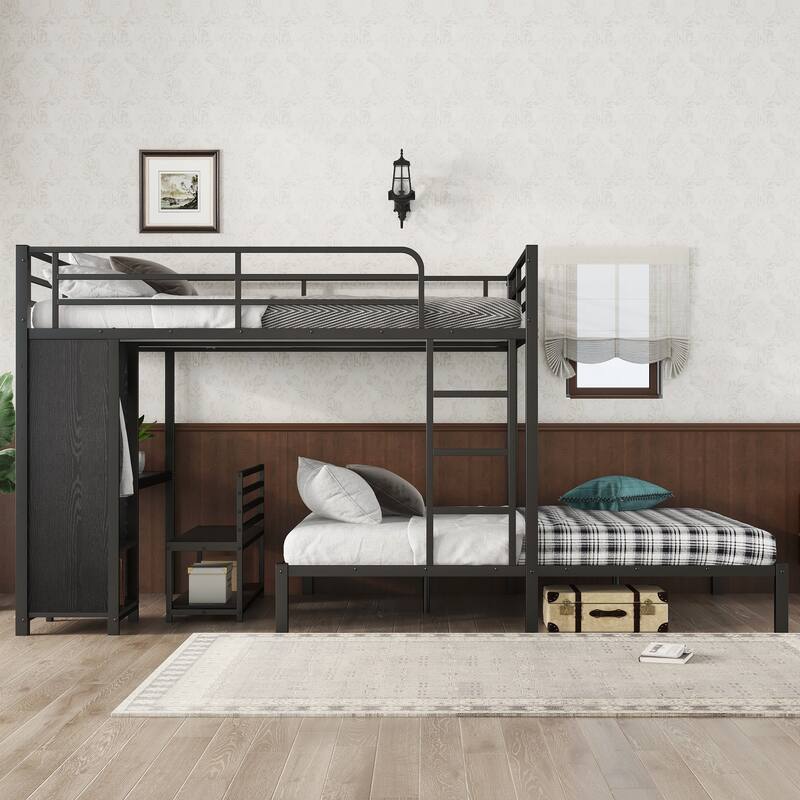 Versatile Metal Bunk Bed with Integrated Wardrobe and Functional Desk