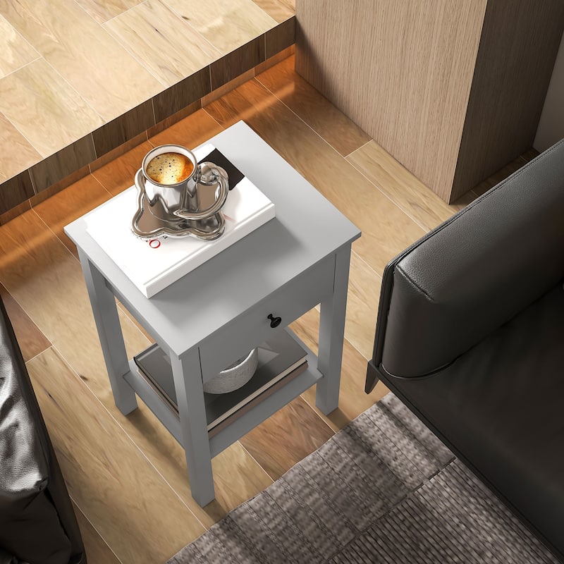 2-tier Modern Side Table with Drawer and Bottom Shelf