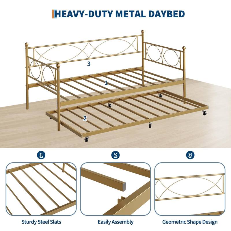 Twin daybed with Trundle,Metal Twin Daybed,Day Bed Sofa Bed Frame with Steel Slat Support,Multifunctional Daybed Frame