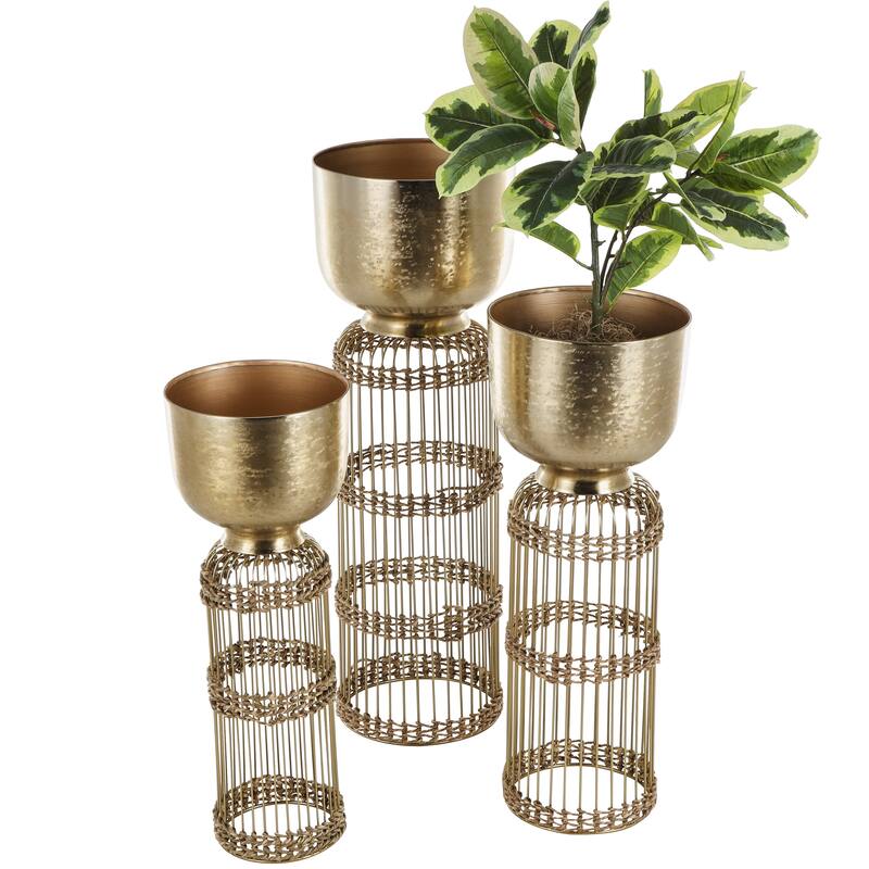Silver or Gold Metal Caged Wire Planter with Woven Seagrass Accents (Set of 3)