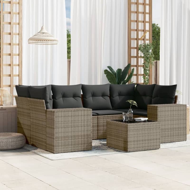vidaXL Patio Sofa Set with Cushions Outdoor Furniture 7 Piece Poly Rattan - 24.4 x 24.4 x 27.2 - Gray