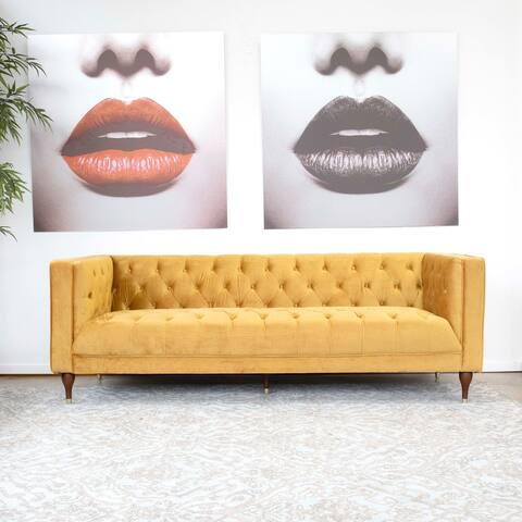 Hariel Mid-Century Modern Tufted Back Velvet Sofa in Gold - 29" x 84" x 33"