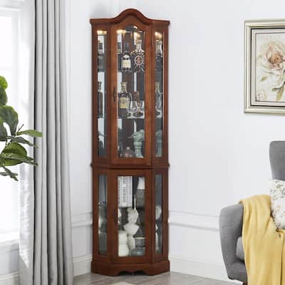 Corner Curio Cabinet with Lights, Adjustable Glass Shelves, Mirrored Back