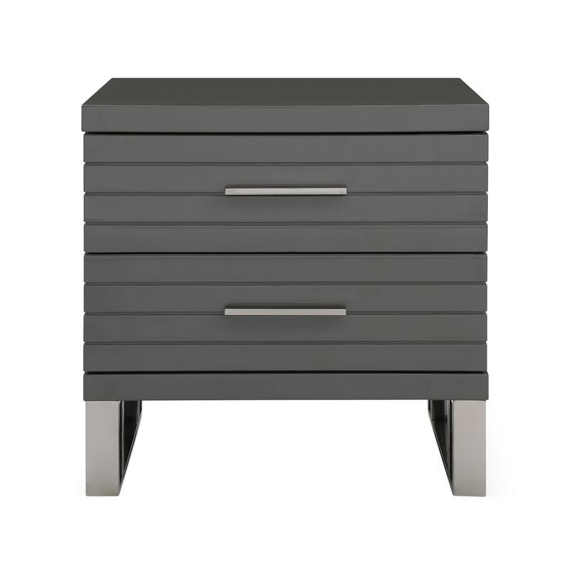 28 Inch Nightstand, 2 Drawers with Metal Handles, Slatted Design, Gray