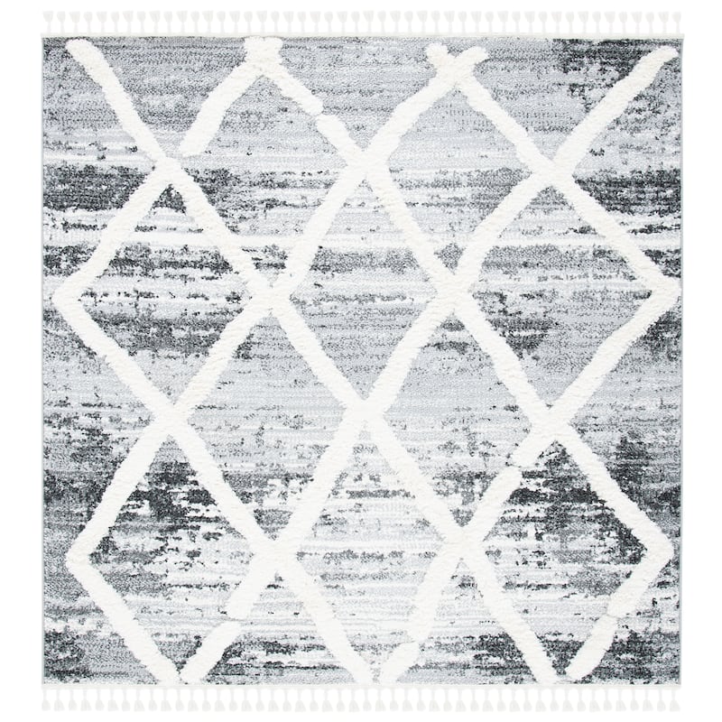 SAFAVIEH Moroccan Tassel Shag Facunda 2-inch Thick Rug - 6'7" Square - Grey/Ivory
