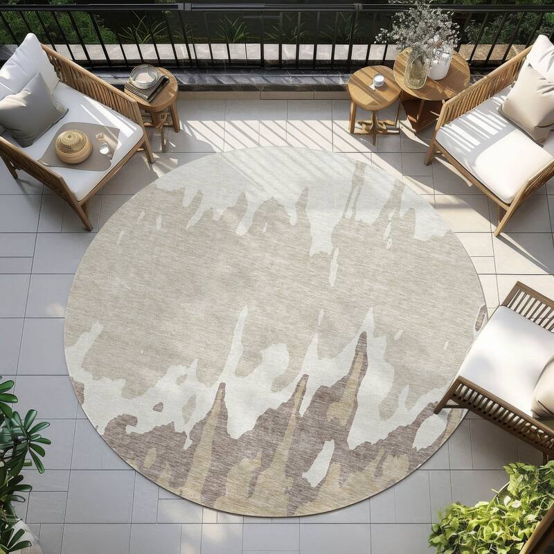 Machine Washable Indoor/ Outdoor Modern Abstract Chantille Rug - Ivory - 8' x 8'