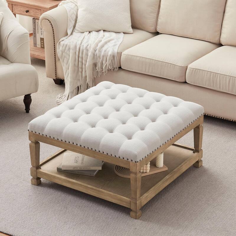 Button-Tufted Upholstered Coffee Table Ottoman with Wooden Shelf – Square Fabric Ottoman