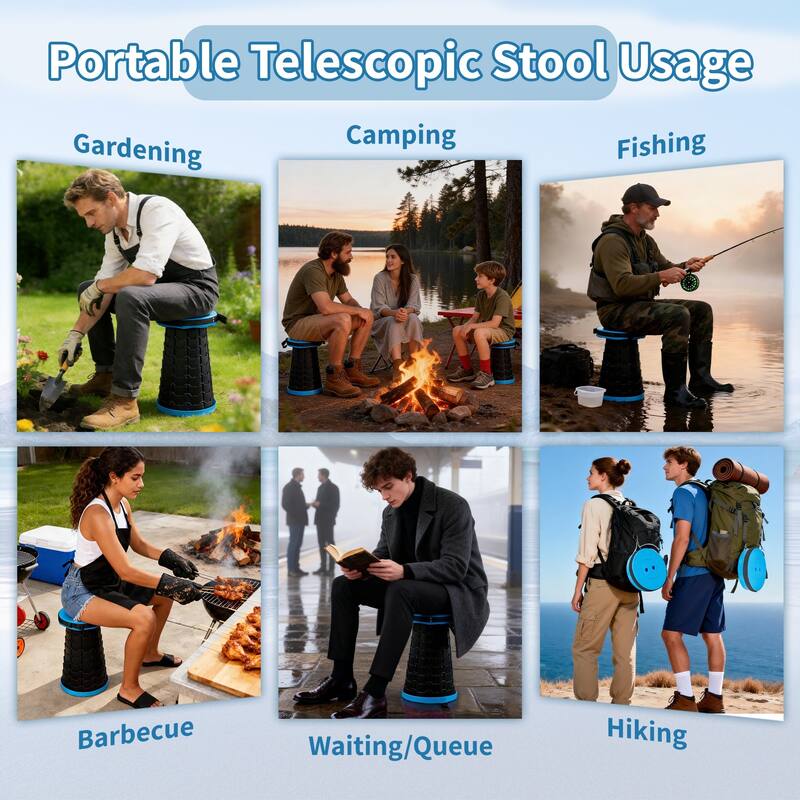 VECELO Portable Telescoping Stool Lightweight Adjustable Height Folding Stool for Camping Fishing Indoor Outdoor Plastic Seat